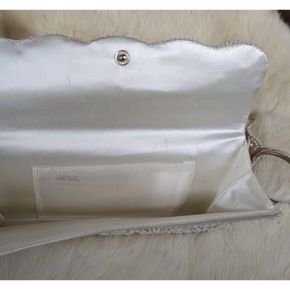 Vintage 60s Seed Bead & Sequin Ivory Floral Satin Clutch Evening Bag Hong Kong - Picture 7 of 10